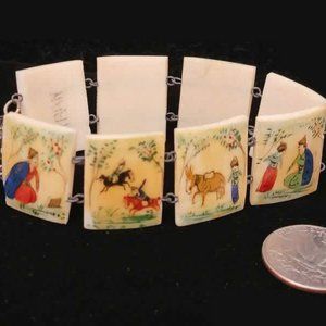 Square Persian Hand-Painted Bone Tile Bracelet - Vintage 1930s - 40s